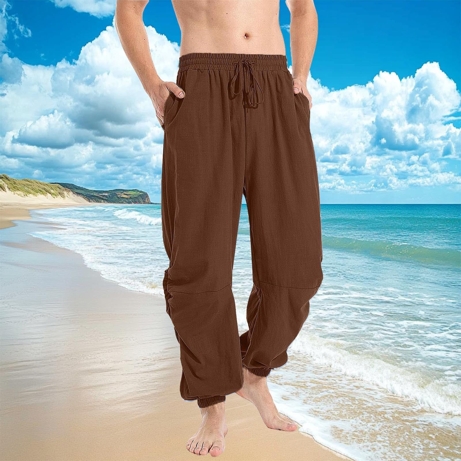 Chiccall Mens Casual Cotton Linen Pants Solid Loose Fit Drawstring Elastic Waist Breathable Straight-Legs Summer Yoga Beach Long Pants - View #8