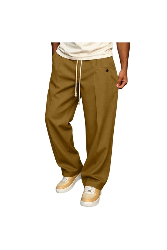 Pants for Men Relaxed Fit Casual Elastic Waist Drawstring Trousers with Pockets Wide Leg Straight Slacks