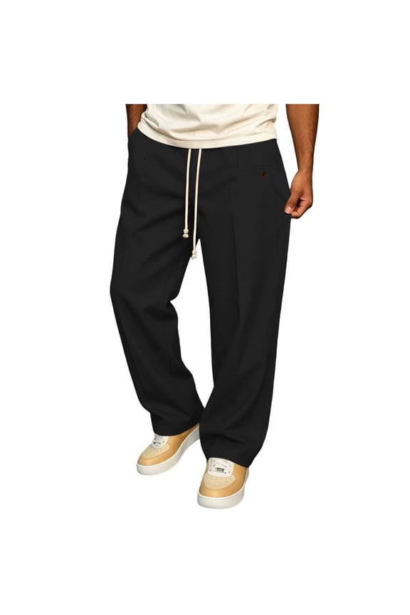 Pants for Men Relaxed Fit Casual Elastic Waist Drawstring Trousers with Pockets Wide Leg Straight Slacks