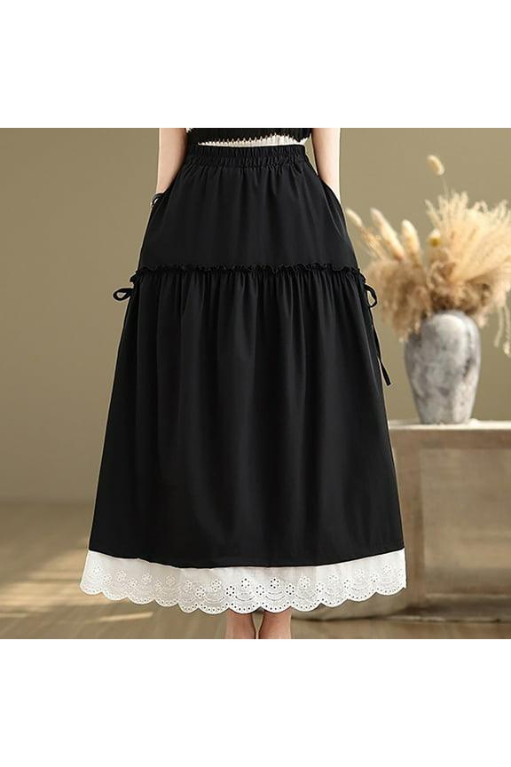 Pleated Skirts for Women Long Skirt Cottagecore Elastic High Waist Tiered Skirts for Ren Faire