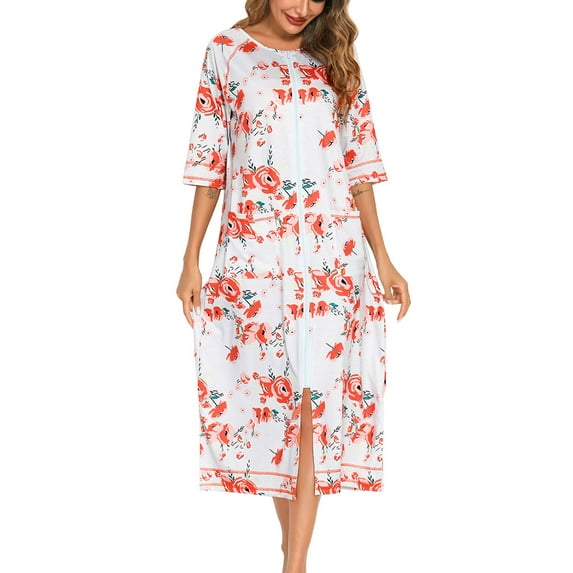 Awdenio Robes for Women, Zipper 3/4 Sleeves Housecoat Full Length Nightgown Soft Loungewear Robe with Pockets