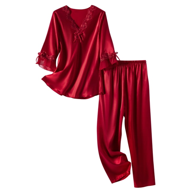 Awdenio Satin Pajamas Set Women's Long Sleeve Sleepwear Classic Button Down Loungewear V-Neck Silk Pjs with Pockets