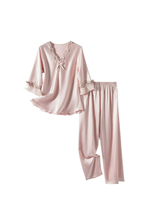 Satin Pajamas Set Women's Long Sleeve Sleepwear Classic Button Down Loungewear V-Neck Silk Pjs with Pockets