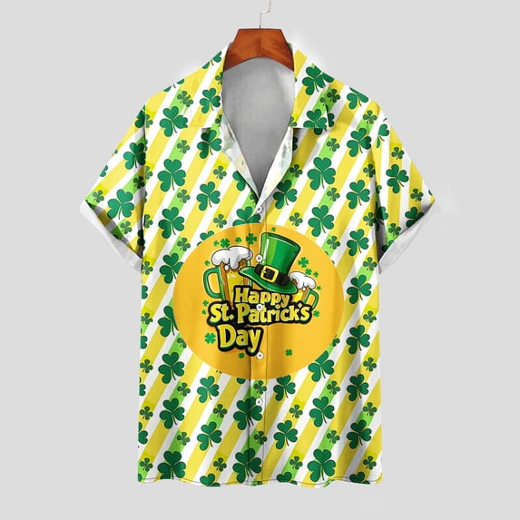 Awdenio Shirts for Men St Patricks Day Shirts Short Sleeve Clover Button Down Shirt Green Shamrock Casual Shirts Tops