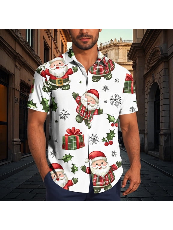 Shirts for Men Christmas Hawaiian Shirt for Men Short Sleeve Button Down Santa Vacation Dress Shirts