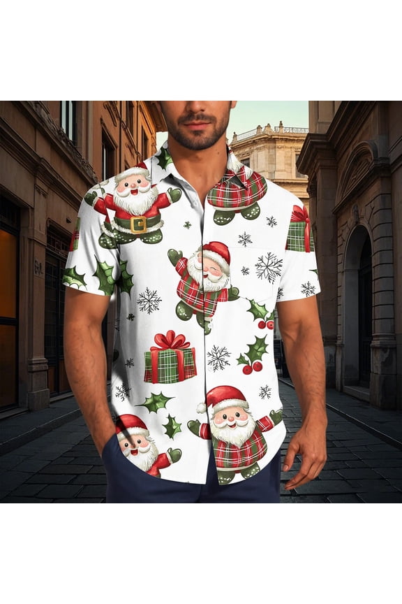 Shirts for Men Christmas Hawaiian Shirt for Men Short Sleeve Button Down Santa Vacation Dress Shirts