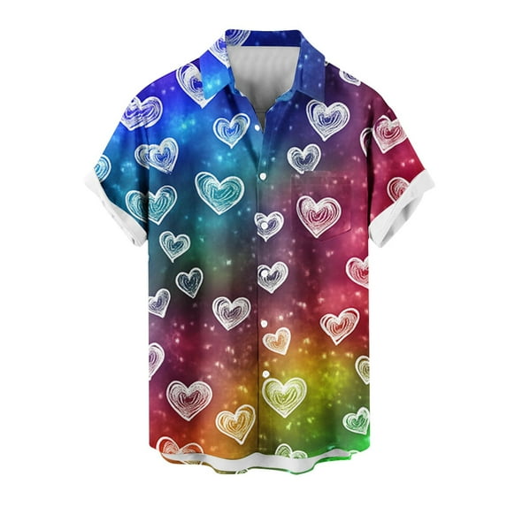 Awdenio Shirts for Men Hawaiian Shirt for Men Casual Button Down Shirt Short Sleeve Valentine's Day Heart Beach Print Tropical Hawaii Shirts