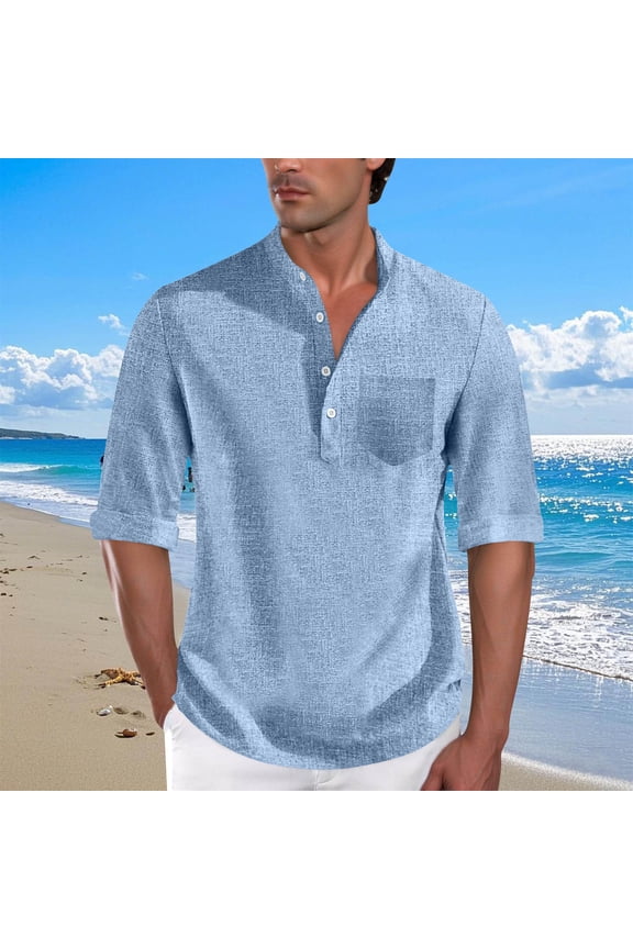 Shirts for Men Long Sleeve Collarless T-Shirts Beach Shirts with Pocket