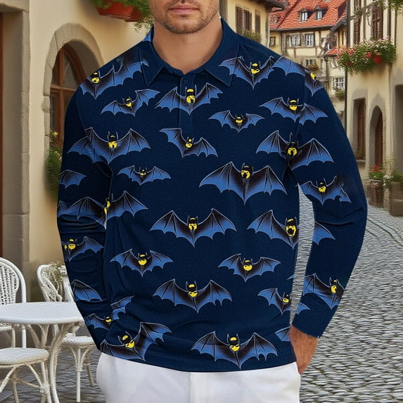 Awdenio Shirts for Men Long Sleeve Cute Halloween Shirts Print Casual Vintage Classic Golf Shirt