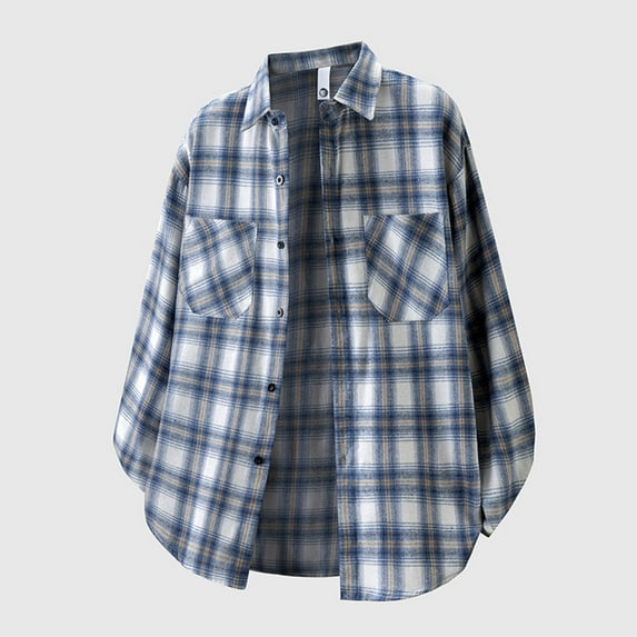 Awdenio Shirts for Men Long Sleeve Japanese Style Casual Check Loose Fit Fashionable Plaid Cotton Button Down