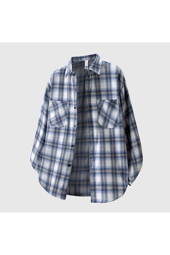 Shirts for Men Long Sleeve Japanese Style Casual Check Loose Fit Fashionable Plaid Cotton Button Down