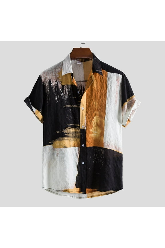 Shirts for Men Plus Size Fire , Men Hawaiian Short Sleeve Beach Shirt Patchwork Summer Casual Button Turn-down Collar