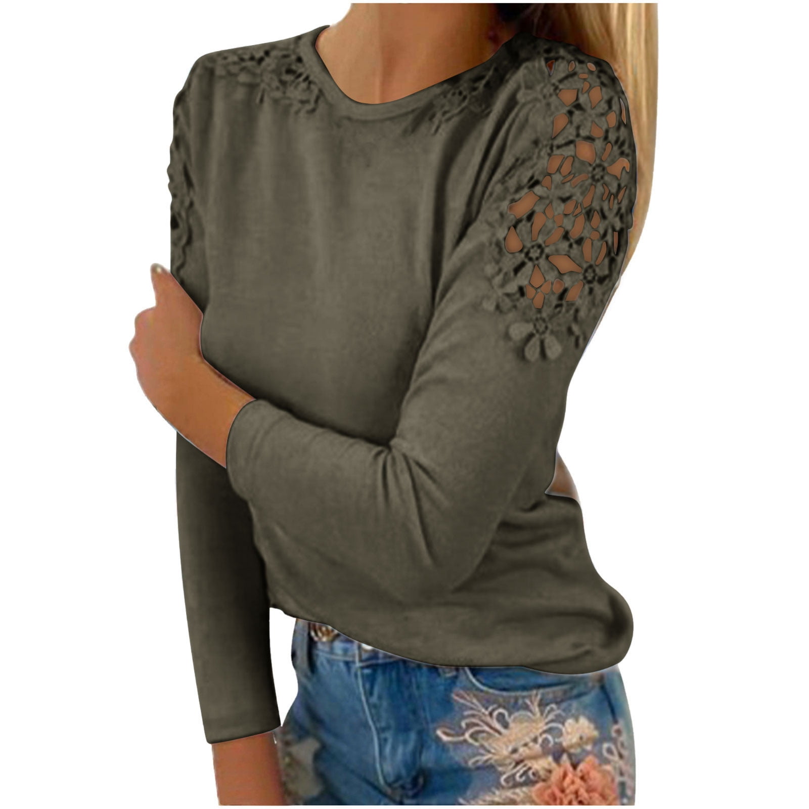 Awdenio Shirts for Women Clearance Juniors Casual Solid Round Neck Lace