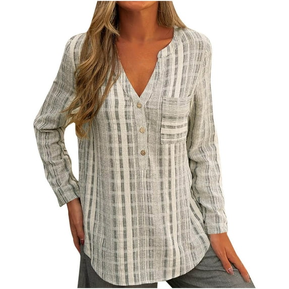 KIHOUT Shirts for Women Petite Casual Loose Pullover Striped Pockets V-neck Long-sleeved Shirt