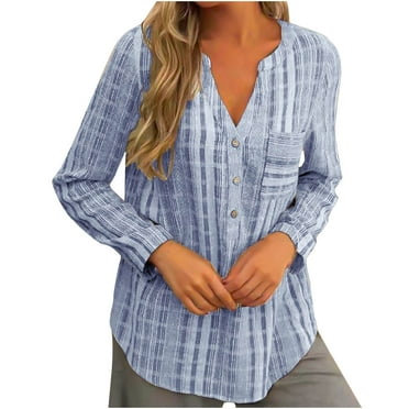 KIHOUT Shirts for Women Petite Casual Loose Pullover Striped Pockets V-neck Long-sleeved Shirt