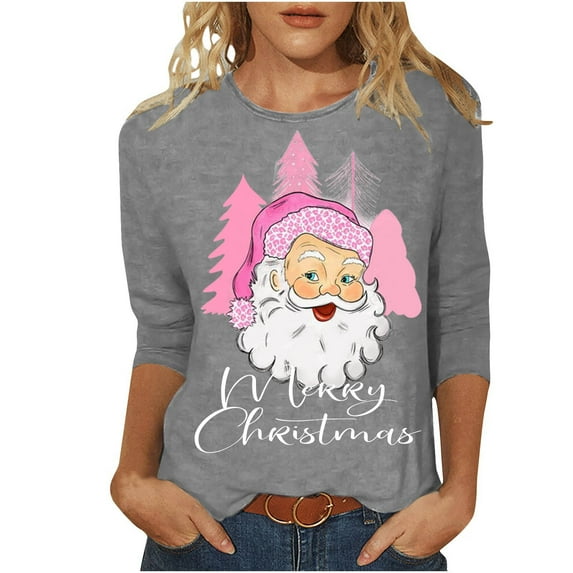 KIHOUT Shirts for Women Petite Fashion Printed Blouse 3/4 Sleeves Shirt Round Neck Casual Tops