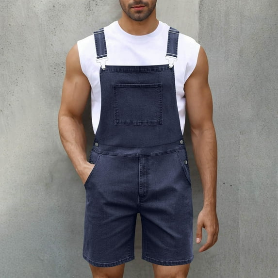 Awdenio Shorts for Men Denim Shorts Bib Overall Jean Romper Casual Loose Fit Walkshort Button Pockets Summer Jumpersuit