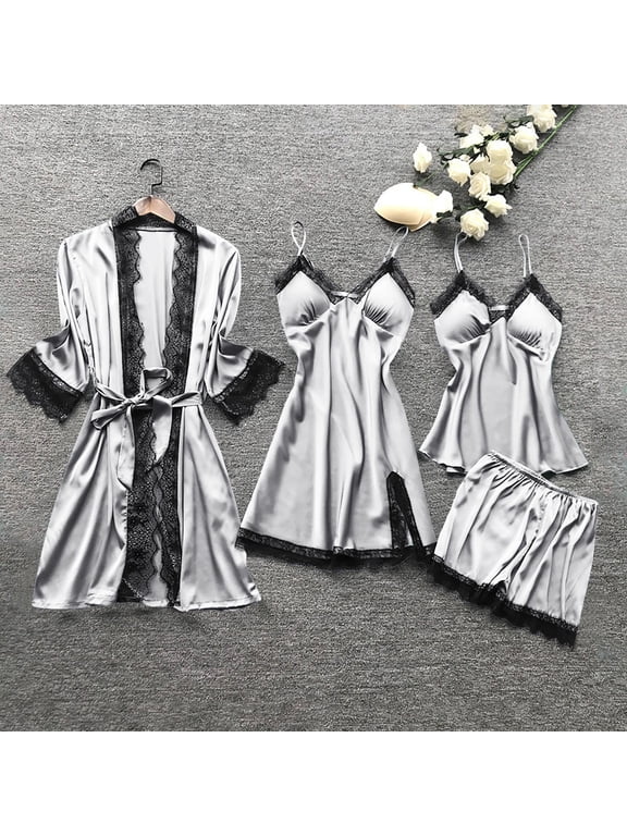 Silk Pajama Sets for Women with Robe 4Pcs Silk Fashion Nightgown Set Floral Lace Trim Cami V Neck Loungwear S-XXXL