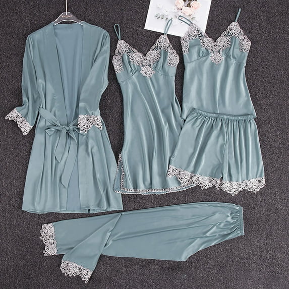 Awdenio Silk Pajama Sets for Women with Robe 5Pcs Silk Fashion Nightgown Set Floral Lace Trim Cami V Neck Loungwear M-XL