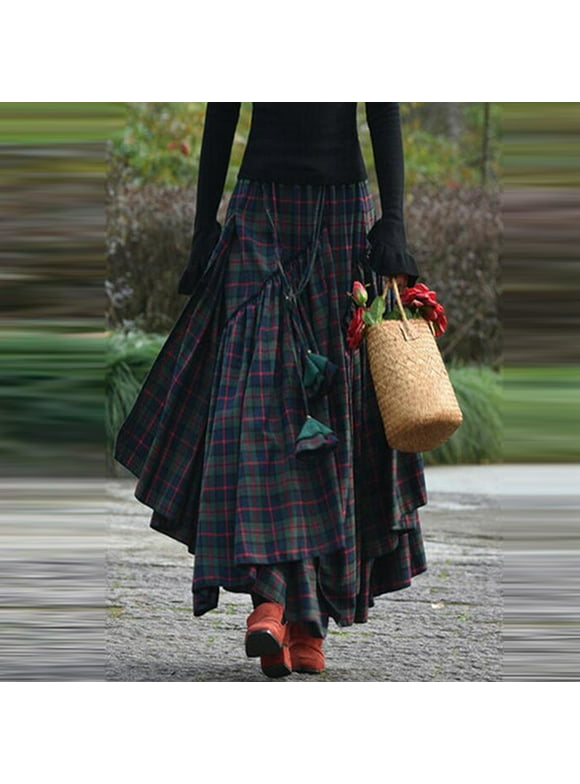Awdenio Skirt for Women Plus Size Clearance Fashion Women Loose Plaid Print Fringe Stitching Irregular Waiste Skirt