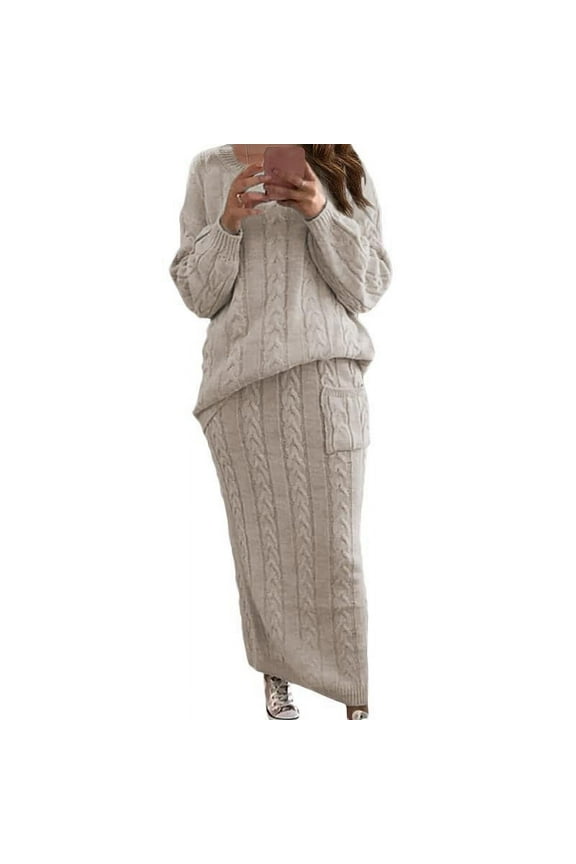 Skirt for Women Plus Size Ladies Flower Pin Sweater Long Sleeve Round Neck One-line Skirt Set Skirt