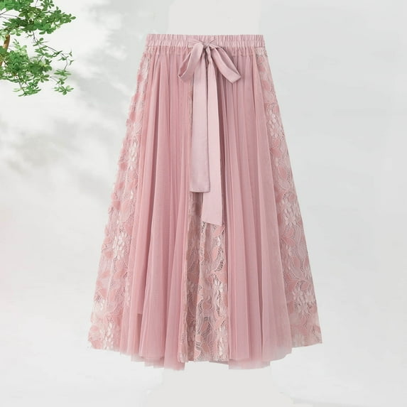 Awdenio Skirt for Women Plus Size Women Fashion Elastic High Waist Long Mesh Skirt Maxi Pleated