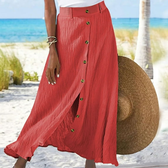 Awdenio Skirts for Women Women's Summer Linen Elastic Back Buttoned Swing Midi A Line Skirt