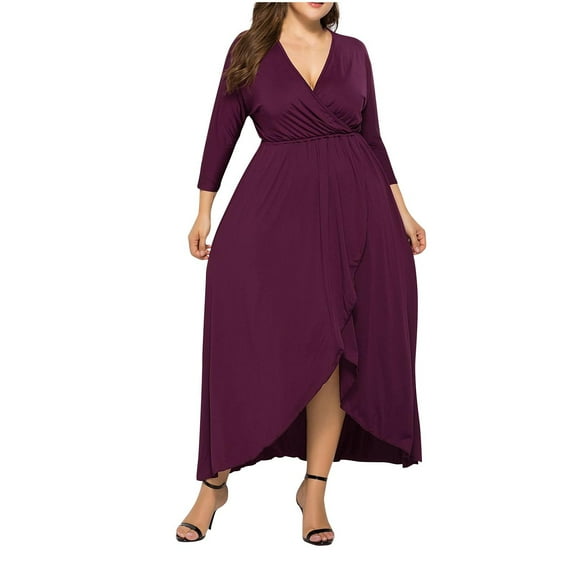 Awdenio Spring Dresses for Women Plus Size Wedding Guest Maxi Dress Long Sleeve Wrap V Neck High Low Split Ruffle Cocktail Dress,Size 2XL