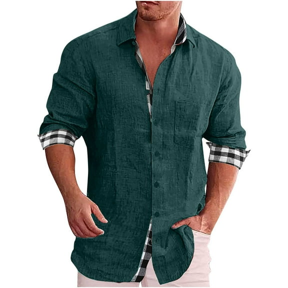 Awdenio Spring Shirts for Men, Men Casual Solid Cotton And Linen Tie Pocket Plaid Patchwork Turndown Long Sleeve Button Shirt, Size S-5XL