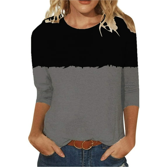 Awdenio Spring Tops for Women 2024, Ladies Fashion Printed T-shirt Mid-length 3/4 Sleeves Blouse Round Neck Casual Tops