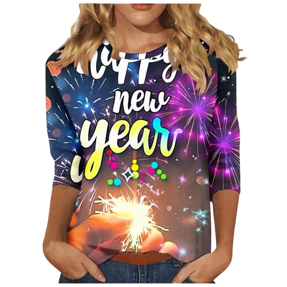 Awdenio Spring Winter Hoodie for Women Fashion 2025 Happy New Year Print Crewneck 3/4 Sleeve Loose Sweatshirt Capless Tops
