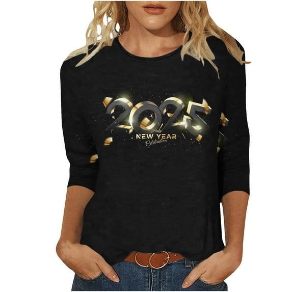Awdenio Spring Winter Hoodie for Women Fashion 2025 Happy New Year Print Crewneck 3/4 Sleeve Loose Sweatshirt Capless Tops