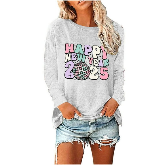 Awdenio Spring Winter Hoodie for Women Fashion 2025 Happy New Year Print Crewneck Long Sleeve Loose Sweatshirt Capless Tops