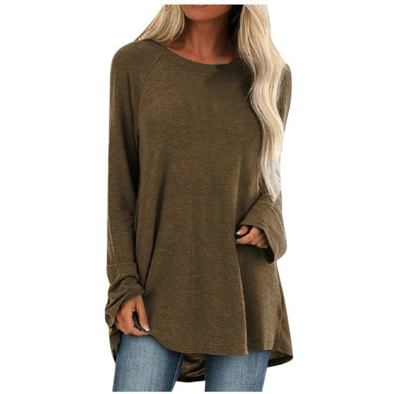 Awdenio Spring Winter Womens Tops Casual Round Neck T-Shirt Loose Long Sleeve Tops Solid Color Blouse