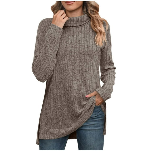 Awdenio Spring Winter Womens Tops Casual Solid Color Pullover Round-Neck Turtleneck Long Sleeve Blouse Loose Blouse Tops