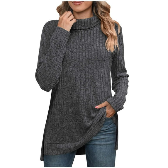 Awdenio Spring Winter Womens Tops Casual Solid Color Pullover Round-Neck Turtleneck Long Sleeve Blouse Loose Blouse Tops