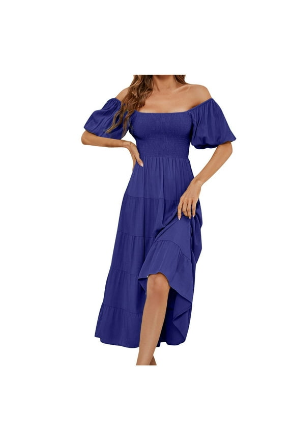 Awdenio Summer Dresses for Women 2024, Ladies Summer Solid High Waist Bubble Sleeves Wrapped Waist Dress Blue L