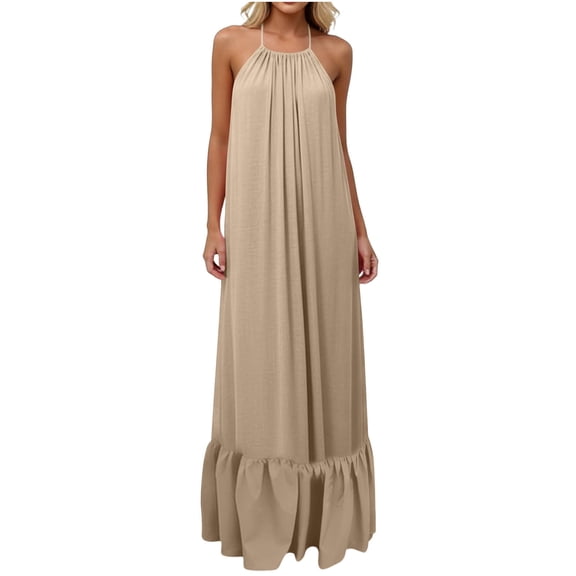 Awdenio Summer Dresses for Women Casual Maxi Dresses Solid Backless Sleeveless Spaghetti Strap Loose Travel Beach Vacation Sundress