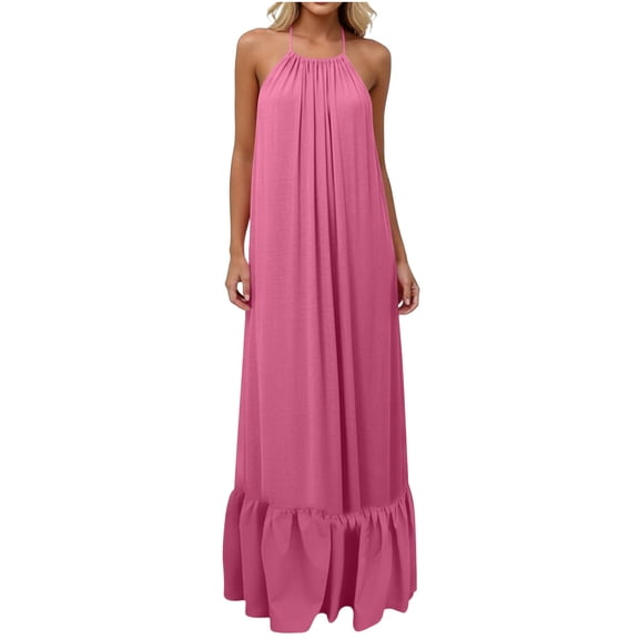 Awdenio Summer Dresses for Women Casual Maxi Dresses Solid Backless Sleeveless Spaghetti Strap Loose Travel Beach Vacation Sundress