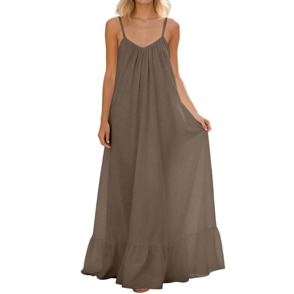 Awdenio Summer Dresses for Women Sleeveless Spaghetti Strap Dress Ruched Ruffle Hem Beach Loose Long Maxi Swing Dress Plus Size