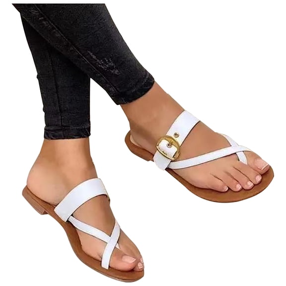 Awdenio Summer Slippers for Women, Ladies Shoes Toe Thread Metal Belt Buckle Flat Female Roman Sandals Slipper