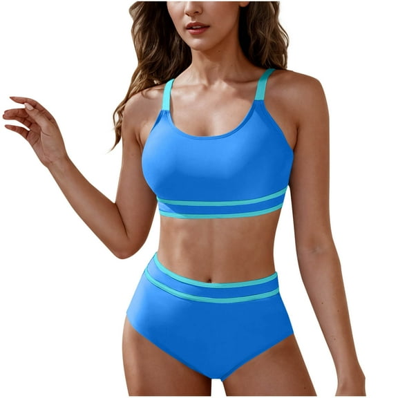 Awdenio Swimsuits for Women High Waist Bikini Sets Sporty Color Block Two Piece Swimsuits Scoop Neck Cheeky Bathing Suits
