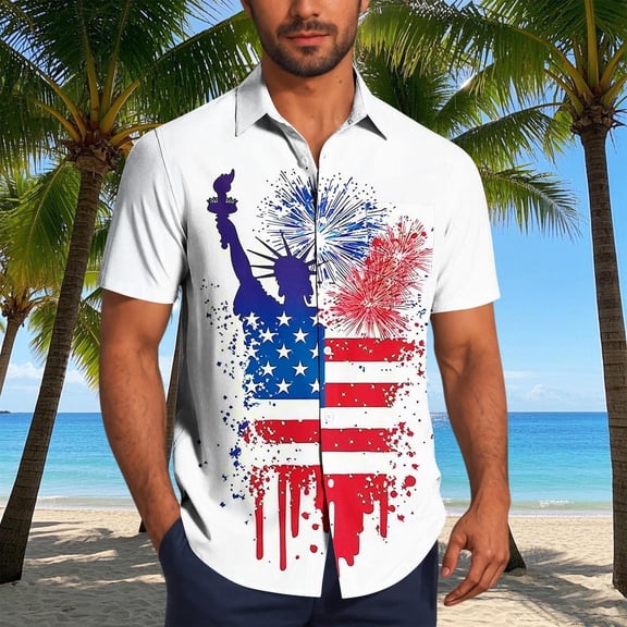 Awdenio T Shirts for Man American Flag Shirt 4th of July Short Sleeve Button Up Shirts
