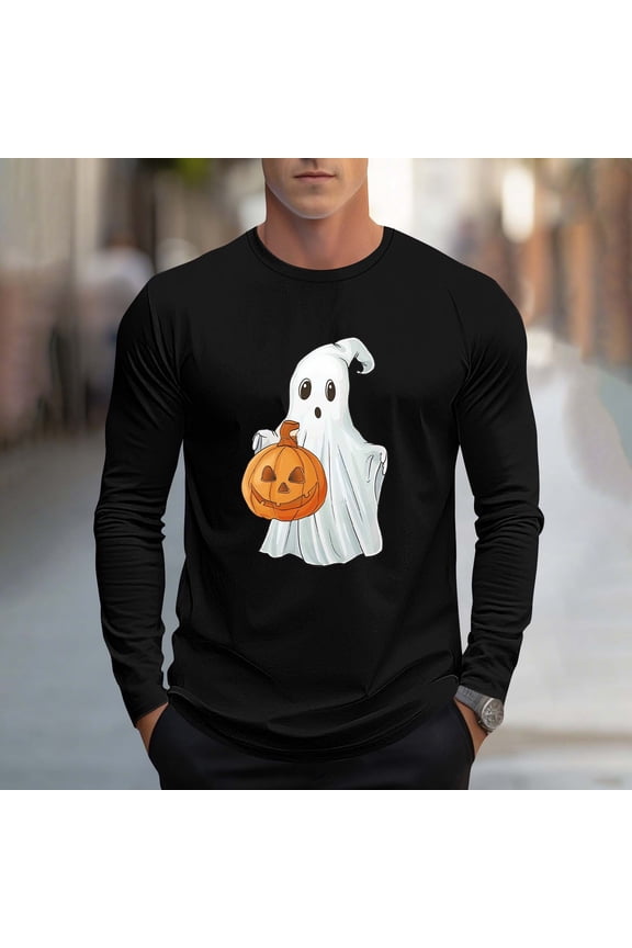 T Shirts for Man Halloween T-Shirts Jack O' Lantern Skeleton Long Sleeve Shirt