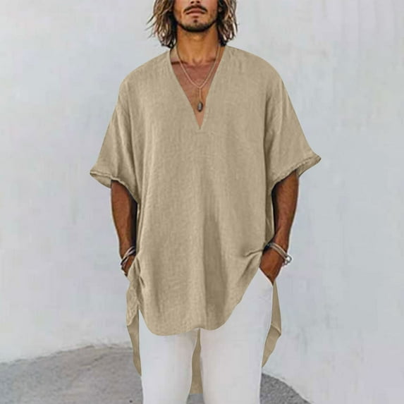 Awdenio T Shirts for Man Loose Solid Color V-Neck Half Sleeve Loose Lapel Linen Tunic Summer Shirt Blouse