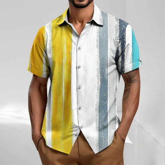 Awdenio T Shirts for Man Summer Striped Shirts Casual Cuban Shirt Texture Button Down Shirts for Beach Vacation