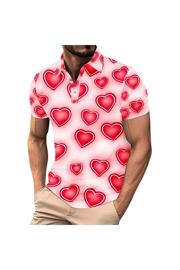 T Shirts for Man Valentines Button Down Shirts Heart Print Short Sleeve Casual Turndown Collar T-Shirt Blouse