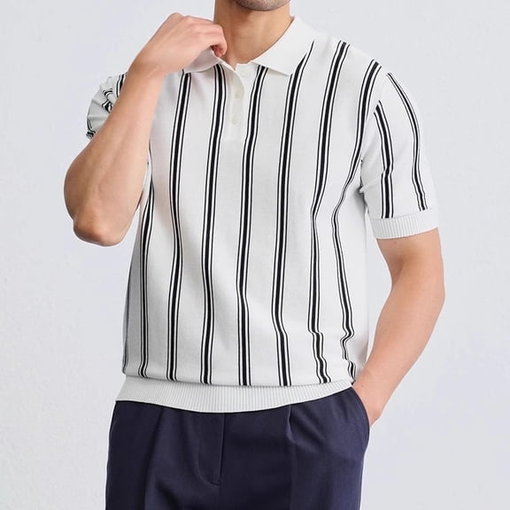Awdenio T shirts for Man Short Sleeve Knitted Shirts Button Down Vintage Vercital Stripe Camp Collar Shirt