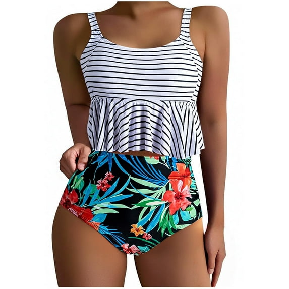 Awdenio Tankini Swimsuits for Women Ladies Boh Print Push-Up Padded Overlay Flounce Crisscross Swimwear