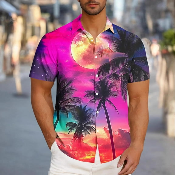 Awdenio Tshirts Shirts for Men Hawaiian Shirt Short Sleeve Tropical Vacation Button Down Beach Floral Palm Shirts